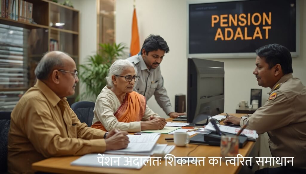 पेंशन अदालत में पेंशनभोगियों की शिकायतों का समाधान करते अधिकारी और वरिष्ठ नागरिक
