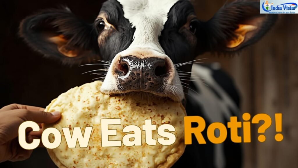 गाय को पहली रोटी खिलाते हुए श्रद्धालु व्यक्ति — हिंदू धर्म में गौ सेवा का धार्मिक महत्व दर्शाता दृश्य