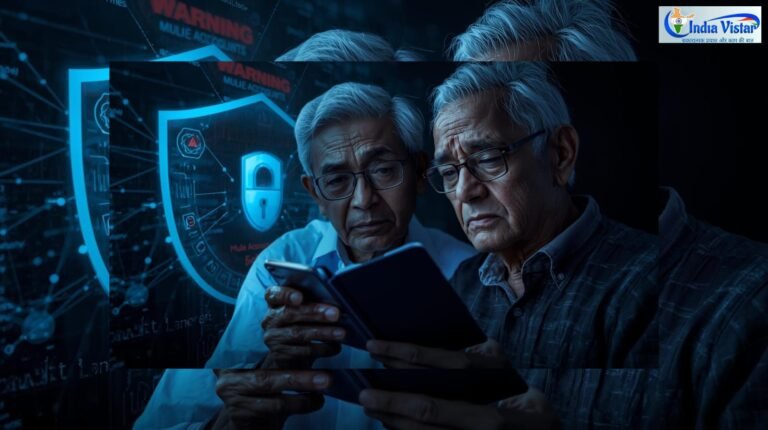 AI और रोबोटिक्स द्वारा म्यूल अकाउंट्स की पहचान दर्शाता साइबर सुरक्षा ग्राफिक