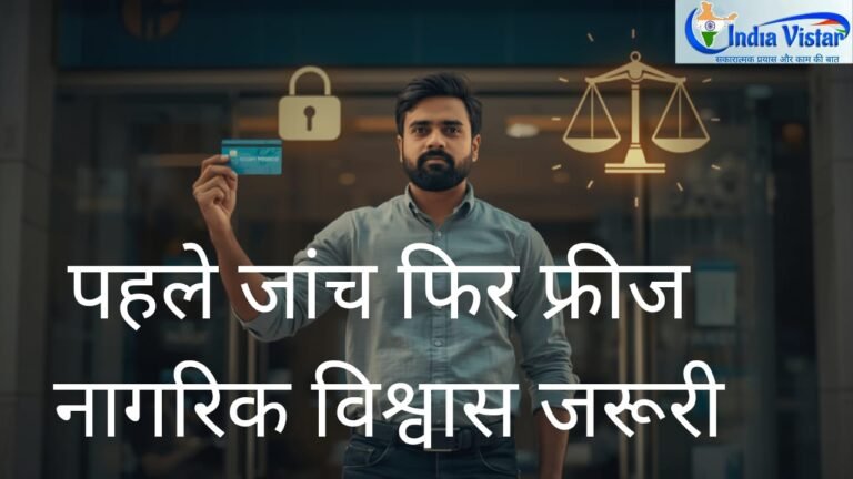 ऑनलाइन धोखाधड़ी मामले में बैंक खाता फ्रीज़ होने से परेशान भारतीय नागरिक, साइबर सुरक्षा और नागरिक अधिकारों के संतुलन को दर्शाता दृश्य