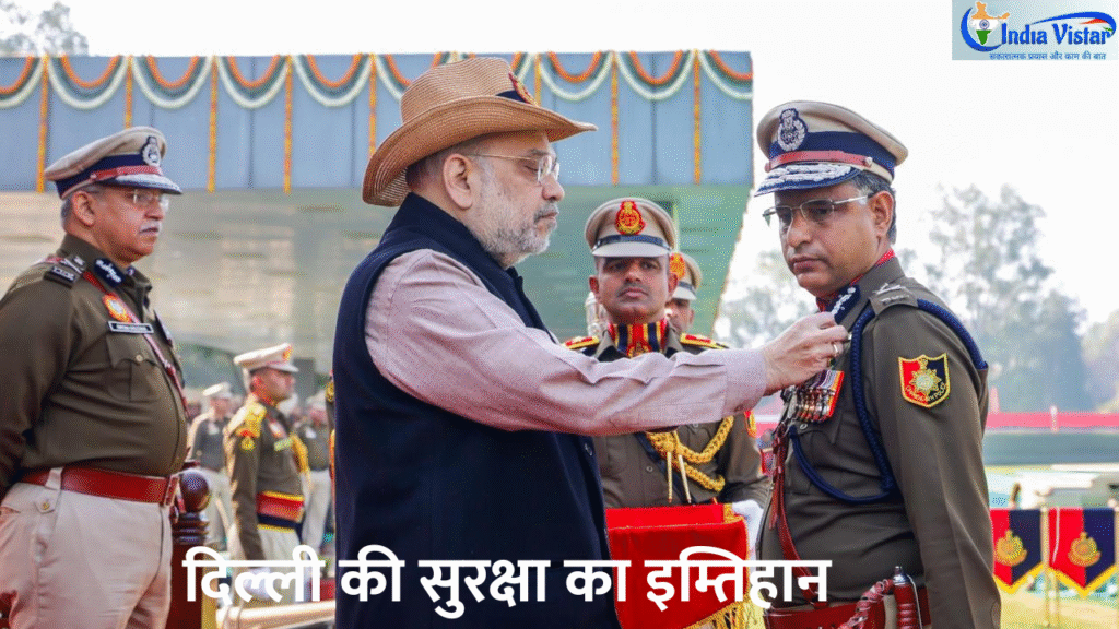 अमित शाह दिल्ली पुलिस परेड की सलामी के बाद मेडल पहनाते हुए