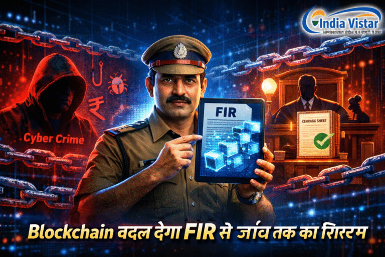 ब्लॉकचेन आधारित FIR सिस्टम में डिजिटल साक्ष्य और पुलिस जांच प्रक्रिया का प्रतीकात्मक तस्वीर
