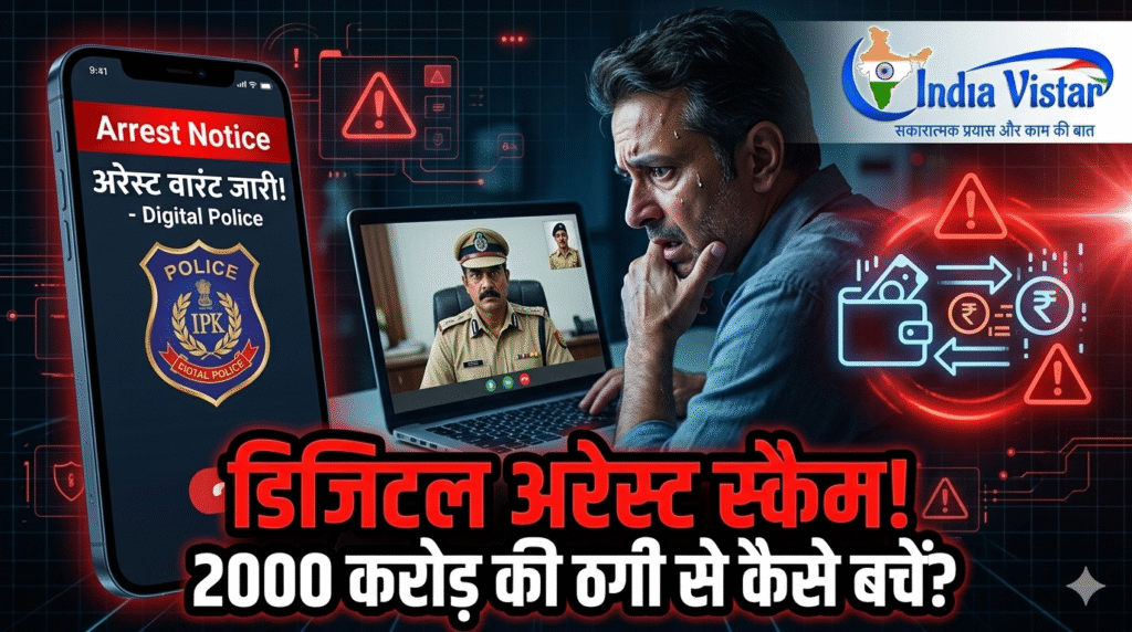 नकली पुलिस वीडियो कॉल के जरिए डिजिटल अरेस्ट स्कैम का चित्रण