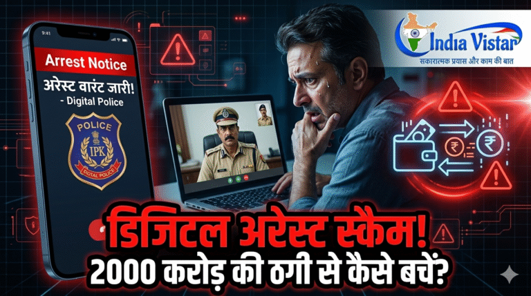 नकली पुलिस वीडियो कॉल के जरिए डिजिटल अरेस्ट स्कैम का चित्रण