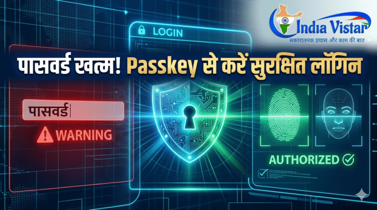 पासकी बनाम पासवर्ड सुरक्षा तुलना दिखाता हुआ डिजिटल लॉगिन सिस्टम