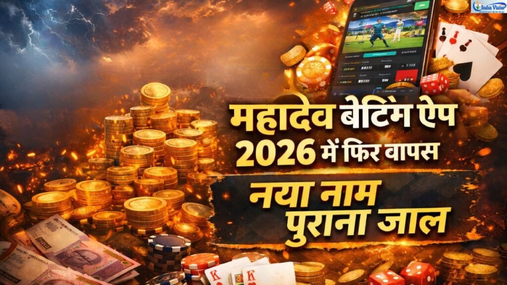 महादेव बेटिंग ऐप 2026 वापसी दिखाता हुआ स्मार्टफोन, क्रिकेट बेटिंग इंटरफेस, पैसे, कार्ड और चिप्स के साथ डिजिटल इलस्ट्रेशन