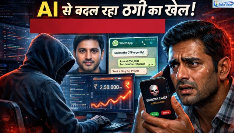 AI आधारित साइबर धोखाधड़ी का प्रतीकात्मक दृश्य जिसमें डिजिटल फ्रॉड और पहचान की नकल दिखाई गई है