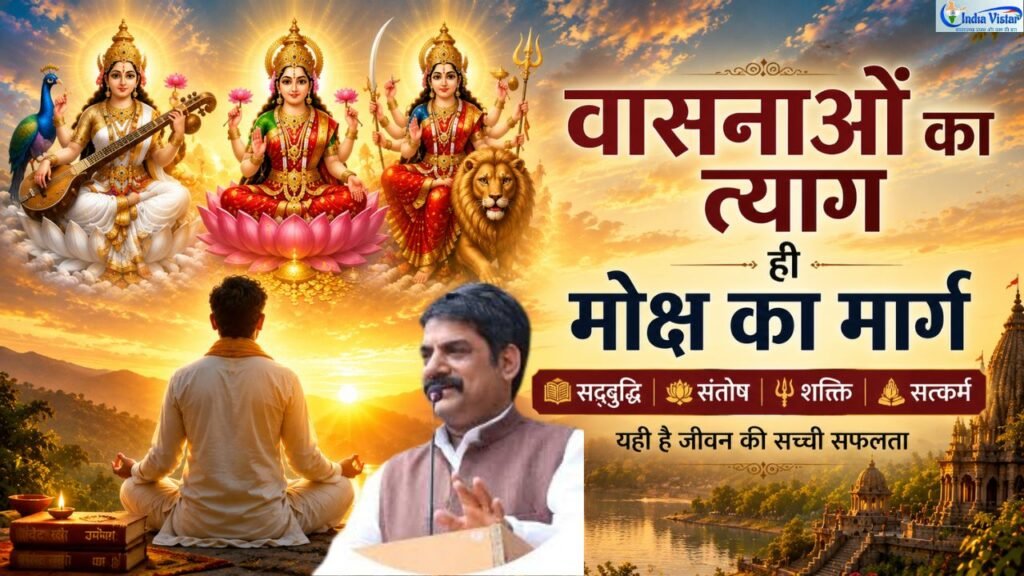 सद्बुद्धि, संतोष और शक्ति के माध्यम से मोक्ष मार्ग दर्शाता आध्यात्मिक चित्र