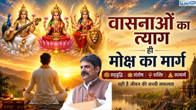 सद्बुद्धि, संतोष और शक्ति के माध्यम से मोक्ष मार्ग दर्शाता आध्यात्मिक चित्र