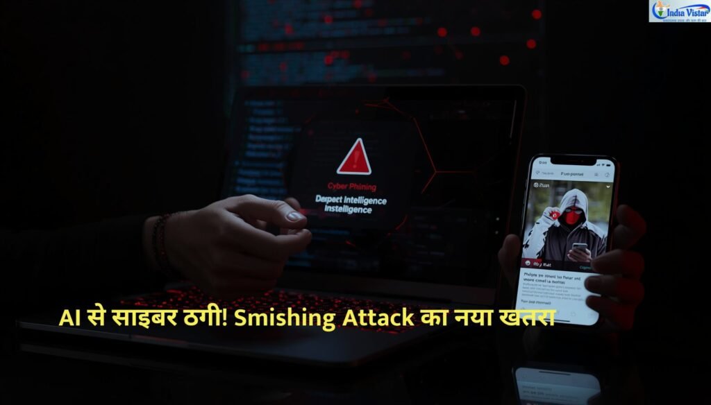 मोबाइल फोन पर फर्जी SMS और AI आधारित साइबर ठगी को दर्शाता प्रतीकात्मक दृश्य