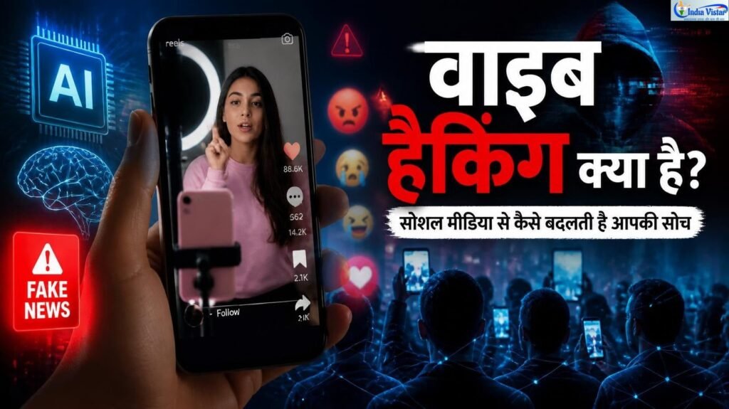 सोशल मीडिया इन्फ्लुएंसर, एआई कंटेंट और वाइब हैकिंग को दर्शाता साइबर सुरक्षा कॉन्सेप्ट