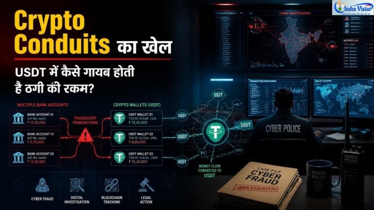 लैपटॉप स्क्रीन पर क्रिप्टो वॉलेट, बैंक ट्रांजैक्शन और साइबर पुलिस जांच का प्रतीकात्मक दृश्य