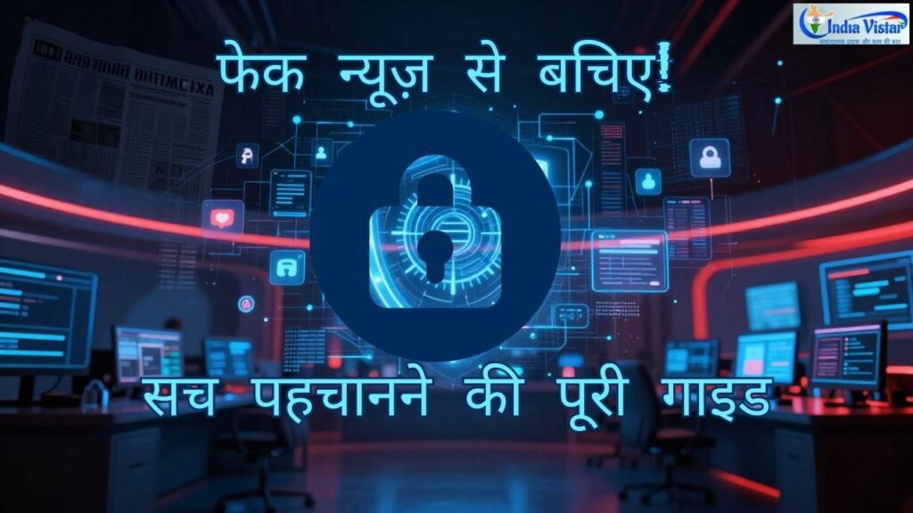 मोबाइल स्क्रीन पर वायरल फेक न्यूज़ और उसे रोकने का साइबर सुरक्षा संदेश