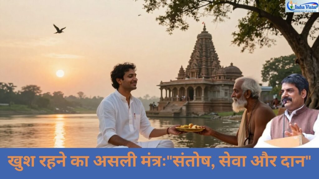 जीवन में खुश रहने का संदेश देते हुए ध्यान में बैठा व्यक्ति और जरूरतमंद की सेवा करता हुआ भारतीय आध्यात्मिक दृश्य