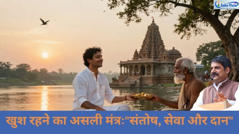 जीवन में खुश रहने का संदेश देते हुए ध्यान में बैठा व्यक्ति और जरूरतमंद की सेवा करता हुआ भारतीय आध्यात्मिक दृश्य