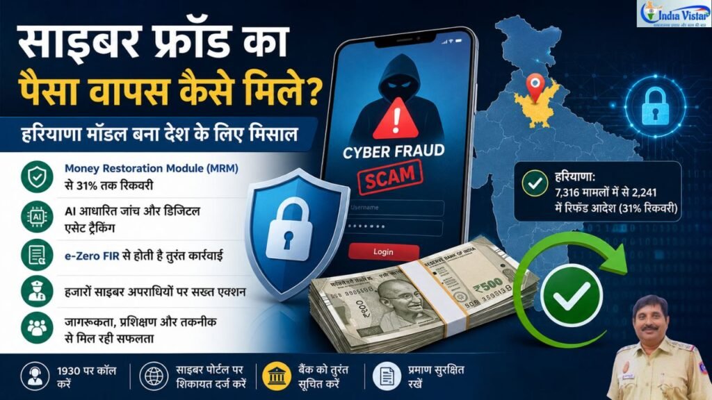 साइबर फ्रॉड के बाद पैसा वापस पाने की प्रक्रिया, Money Restoration Module (MRM), AI आधारित साइबर जांच और हरियाणा मॉडल को दर्शाती फीचर इमेज।