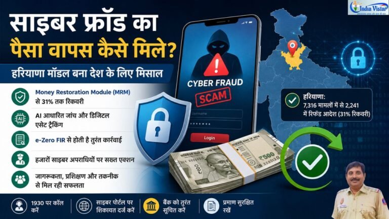 साइबर फ्रॉड के बाद पैसा वापस पाने की प्रक्रिया, Money Restoration Module (MRM), AI आधारित साइबर जांच और हरियाणा मॉडल को दर्शाती फीचर इमेज।