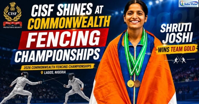 CISF fencer Shruti Joshi with medals after winning team gold at Commonwealth Fencing Championships 2026