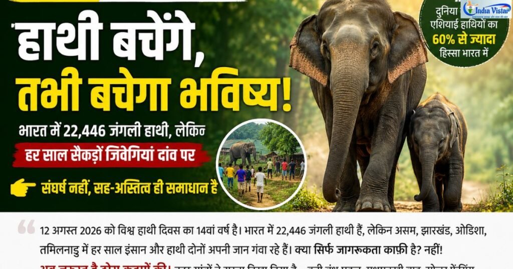 विश्व हाथी दिवस 2026 पर जंगल में एशियाई हाथी और मानव-हाथी संघर्ष