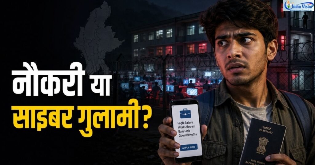 म्यांमार साइबर स्कैम सेंटर के सामने पासपोर्ट और फर्जी नौकरी का प्रस्ताव पकड़े भारतीय युवक की सांकेतिक तस्वीर