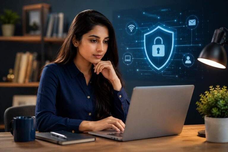 साइबर सुरक्षा के लिए लैपटॉप पर डिजिटल सुरक्षा लॉक का प्रतीक